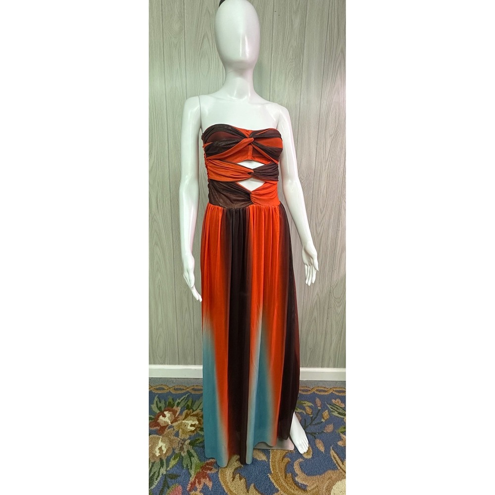 Celina The Label Ombre Mesh Strapless Cut-Out Maxi Dress Orange Brown Blue Small